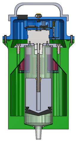 CAD section view of the float: syringe and lead screw on the centerline, battery packs either side, electronics under the lid, ballast cavities at the base.